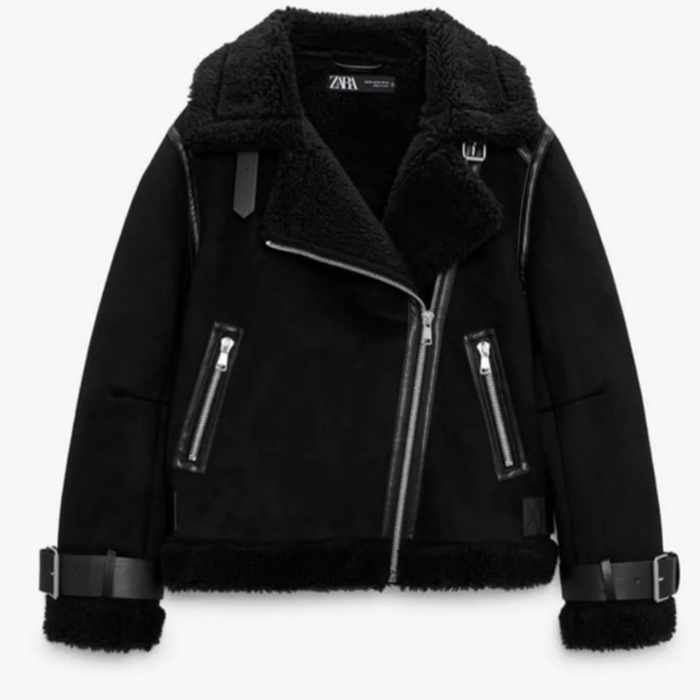Zara Black Faux Suede Sherpa Lined Oversized Buckle Aviator Bomber Jacket Coat - Picture 2 of 14